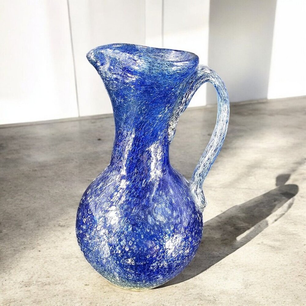 Hand Blown Glass Pitcher Carafe Brutalist Style With Bubbles Blue Yellow Glass